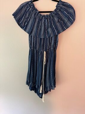 NWT Striped Off-Shoulder Navy Romper with Tassel Tie